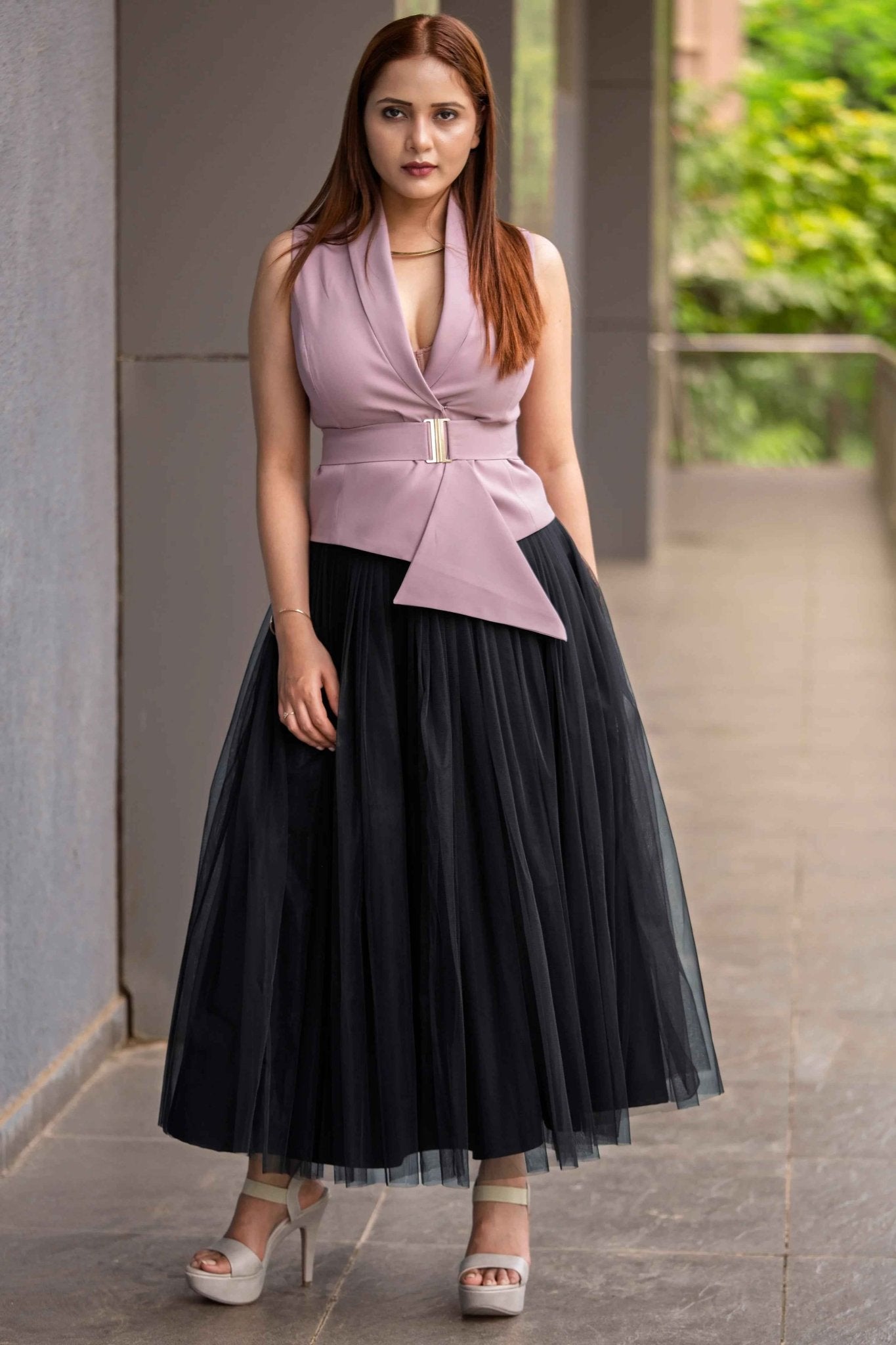 Black Skirt & Blush Pink Waist Coat – Timeless Contrast